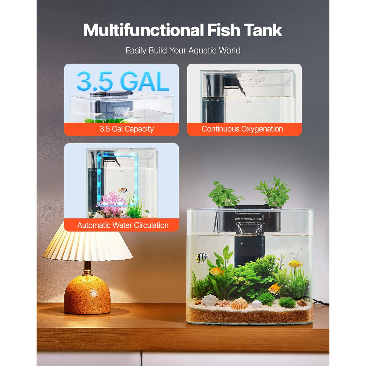 VEVOR Aquarium Fish Tank With Adjustable LED Lighting