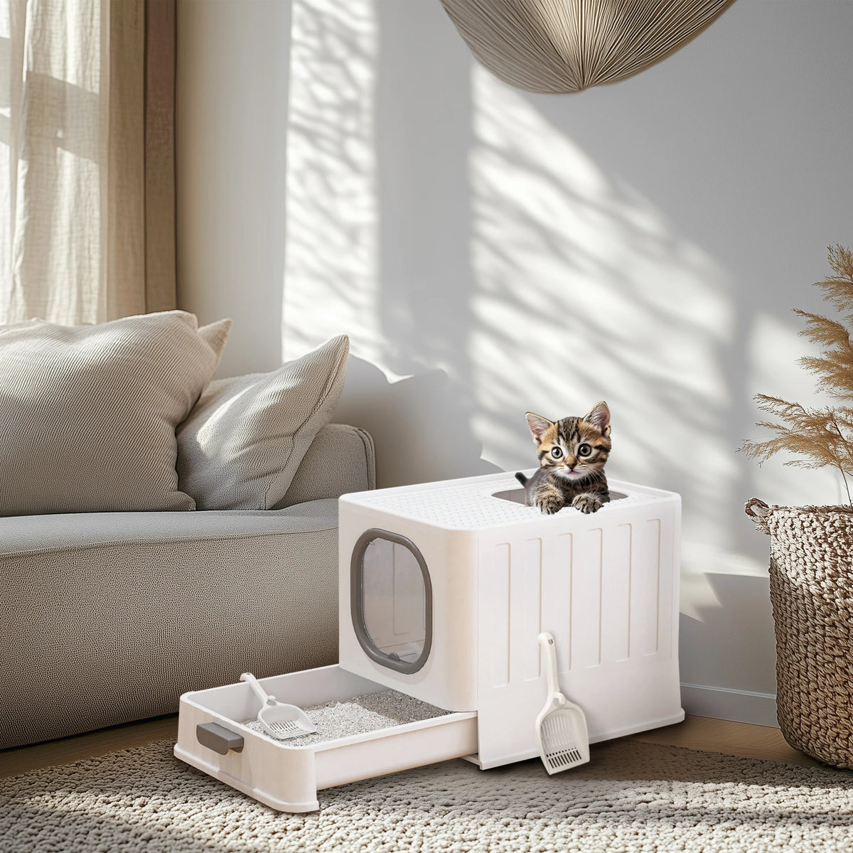 Enclosed Top Entry Cat Litter Box with Scoop and Easy Cleaning Drawer