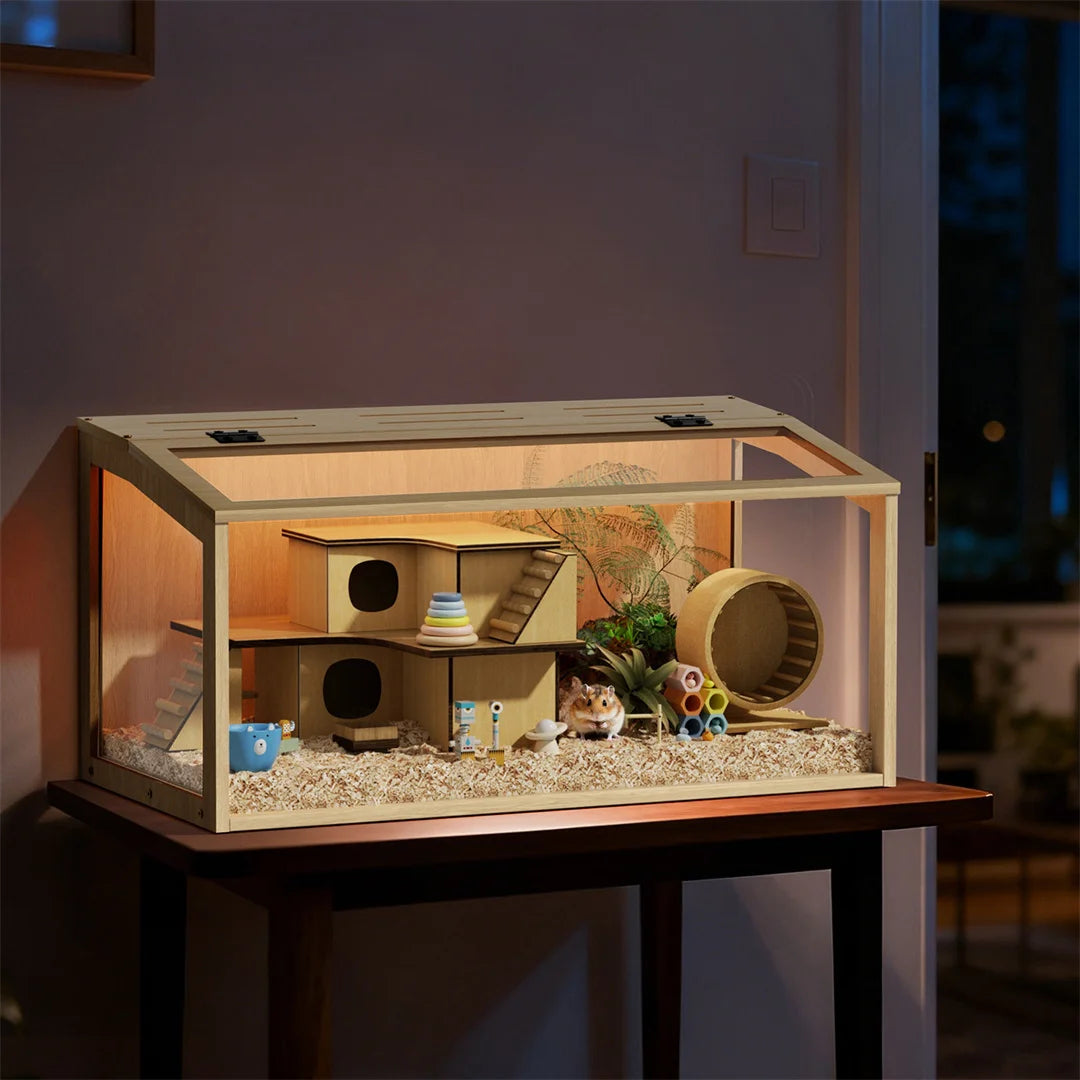 Chew Proof Wooden Hamster Cage With Tempered Glass Panels