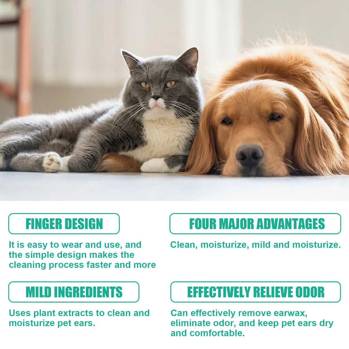 Pet Ear Cleaning Finger Wipes for Cats & Dogs, Mild Formula, Remove Earwax, Deodorize & Clean Eyes Paws