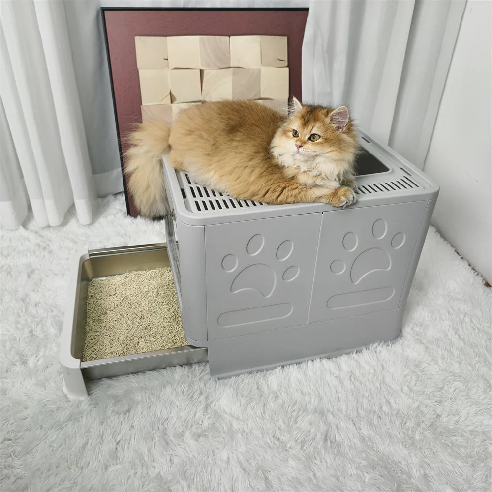 Enclosed Stainless Steel Cat Litter Box With Scoop Easy Cleaning