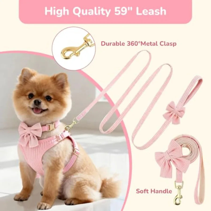 Adjustable Cotton Dog Harness And Leash Set With Bowtie Design