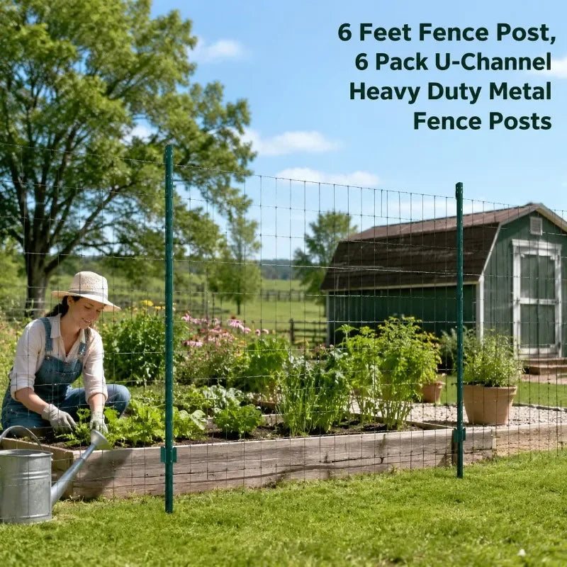 Heavy Duty Metal T-Post Fence Posts, 3/4/5/6/7 Ft, 6 or 10 Pack Garden Fence Stakes for Yard Boundary, Farm Landscaping and Outdoor Support, Durable Green Fence Installation Posts Holiday Gift