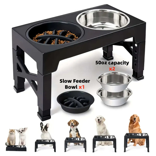 Adjustable Height Elevated Dog Bowl Stand With Stainless Steel Bowls