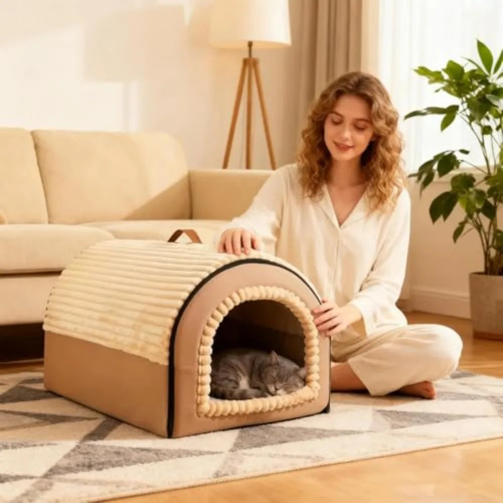 Washable Cat Cave Bed With Removable Plush Cushion