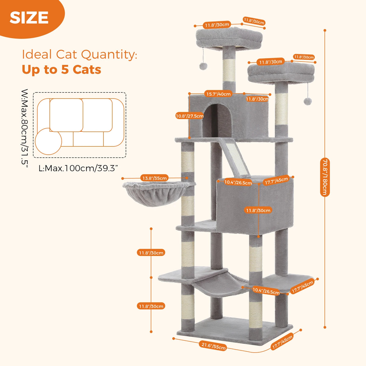 Tall Cat Tree with Scratching Posts Cozy Hammock Top Perch Multi-Level Large Cat Tower Spacious Cat Condo for Indoor Cat Toys