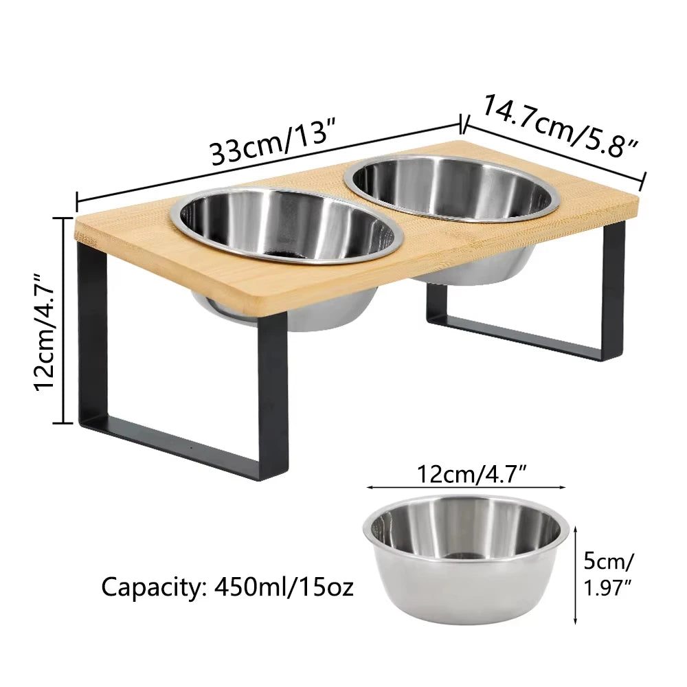 Stainless Steel Elevated Cat Food Bowl With Wooden Stand