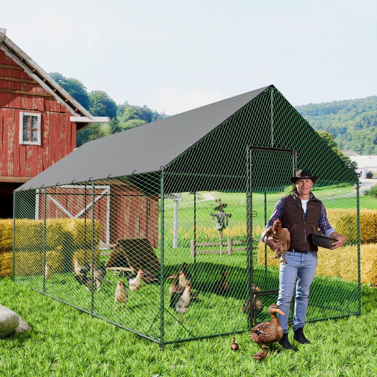 L XL XXL Upgraded Heavy Duty Metal Chicken Coop W/ Cover and Nylon Netting Pet Animal Poultry Run Hen House for Outdoor Backyard