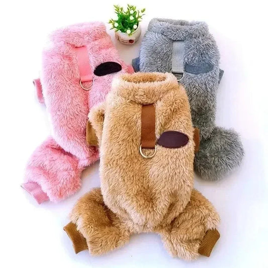 Warming Solid S-XXL Small Dog Fleece Jumpsuit with Pull Ring - Autumn Winter Pet Coat, 1-Piece Puppy Apparel
