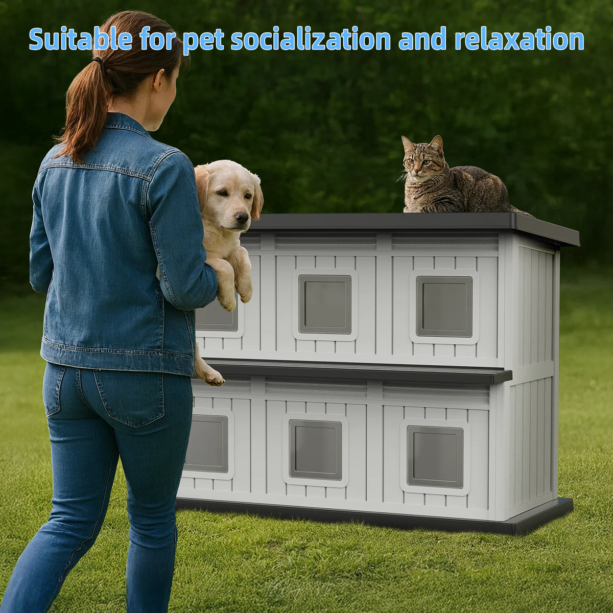Two Level Weatherproof Resin Cat Shelter for Indoor Outdoor Use