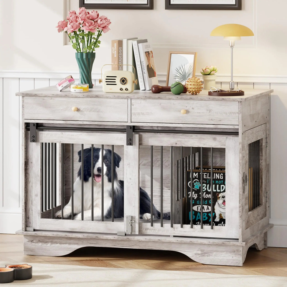 Premium Wooden Dog Crate Furniture With Dual Storage Drawers