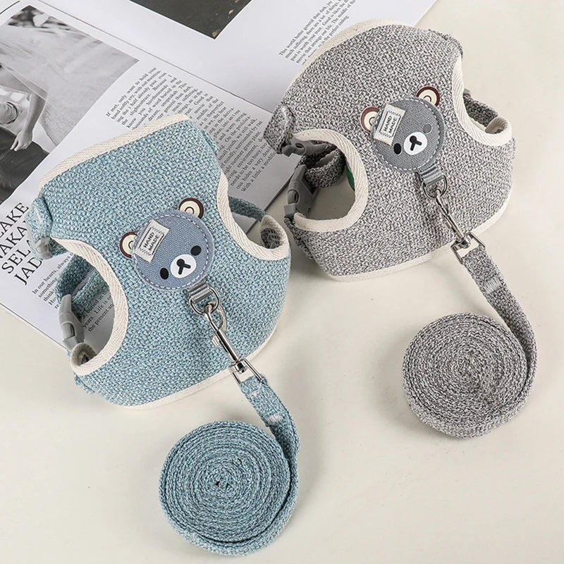 Padded Linen Rabbit Harness And Leash Set For Outdoor Walks