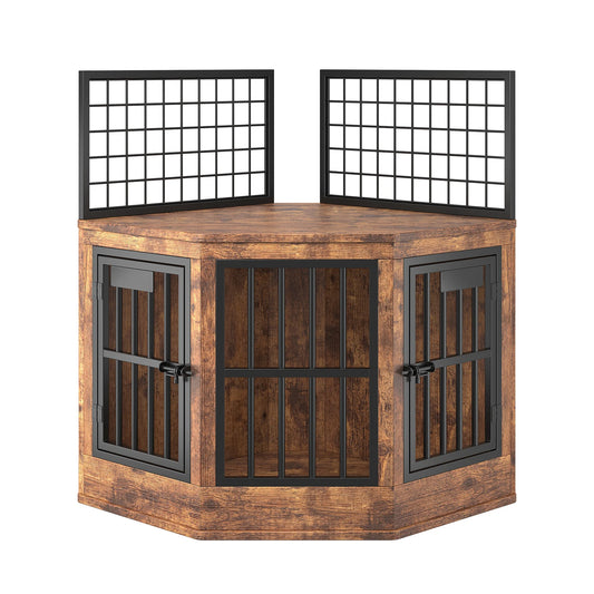 Modern Wooden Corner Dog Crate With Wood Top Media Console