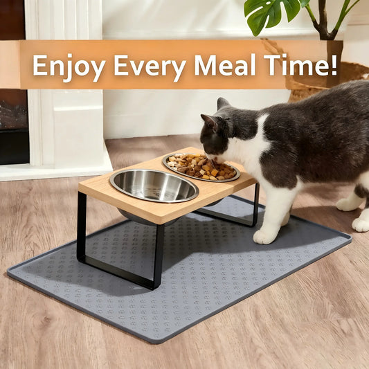 Stainless Steel Elevated Cat Food Bowl With Wooden Stand
