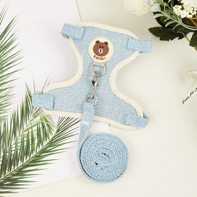 Padded Linen Rabbit Harness And Leash Set For Outdoor Walks