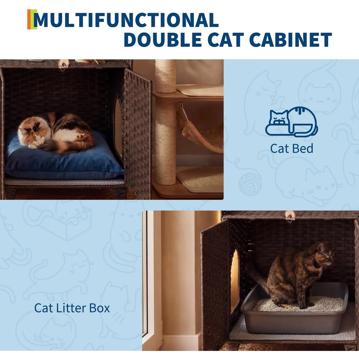 DishyKooker Rattan Hidden Litter Box Enclosure For Two Cats