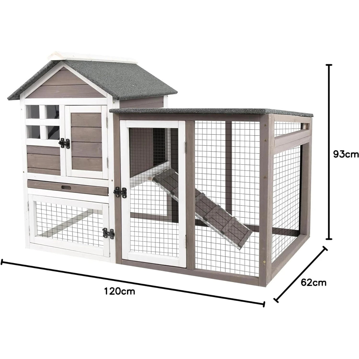 Large Rabbit Hutch Outdoor Indoor with Pull Out Tray Wooden Bunny Hutch, Guinea Pig Cage Chicken Coop with Run, Removable Tray, Asphalt Roof, Lockable Doors and Ramp