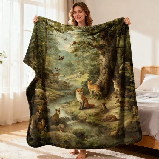 Vintage Woodland Flannel Throw Blanket Fox Deer Bird Forest Print