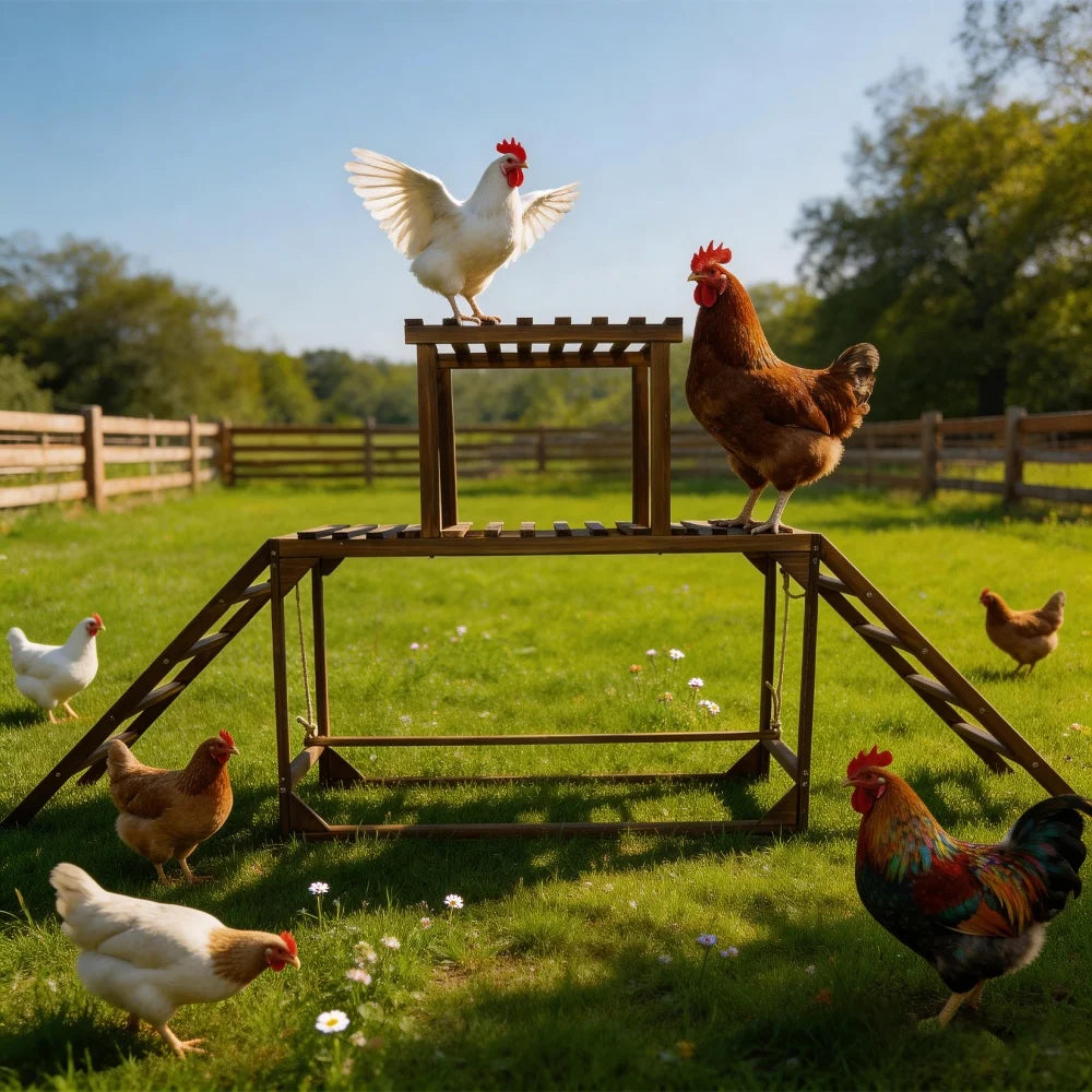 Chicken Coop Toy with Swing Ladder Platform Chicken Run Roosting Bar Hens Activity Play Ladder for Backyard Farm