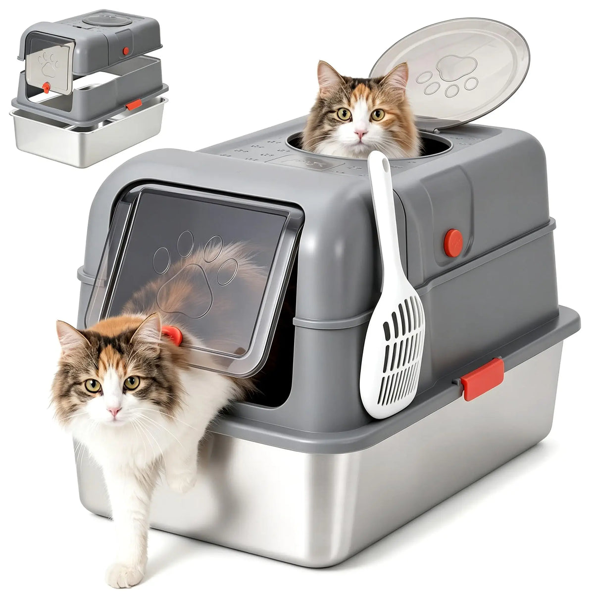 Studyset Enclosed Stainless Steel Litter Box with Lid Includes Scoop