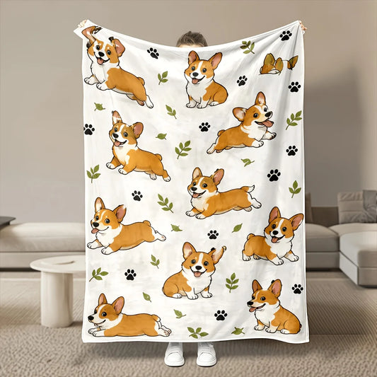 Cartoon Corgi Printed Flannel Throw Blanket Ultra Soft Cozy