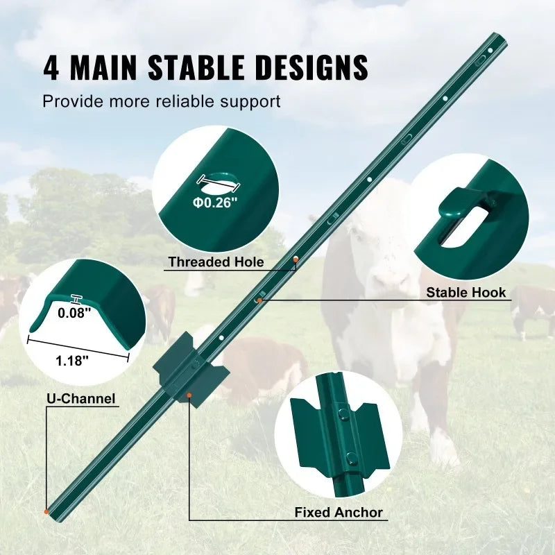 Heavy Duty Metal T-Post Fence Posts, 3/4/5/6/7 Ft, 6 or 10 Pack Garden Fence Stakes for Yard Boundary, Farm Landscaping and Outdoor Support, Durable Green Fence Installation Posts Holiday Gift