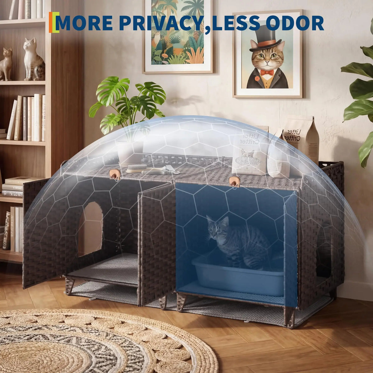 DishyKooker Rattan Hidden Litter Box Enclosure For Two Cats