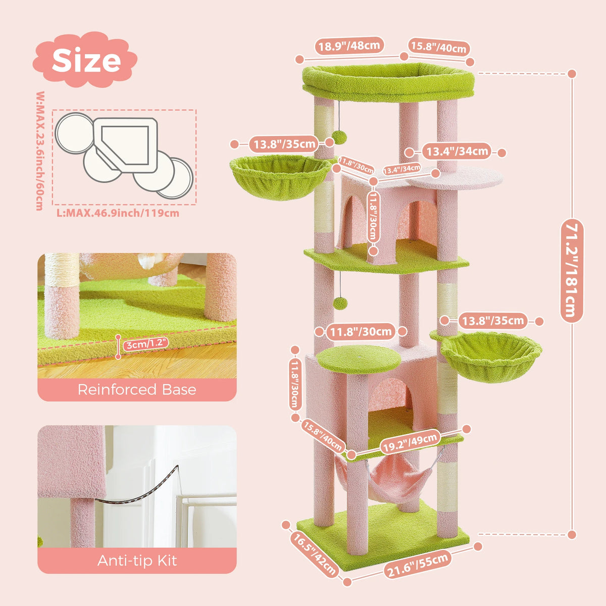 Tall Cat Tree with Scratching Posts Cozy Hammock Top Perch Multi-Level Large Cat Tower Spacious Cat Condo for Indoor Cat Toys
