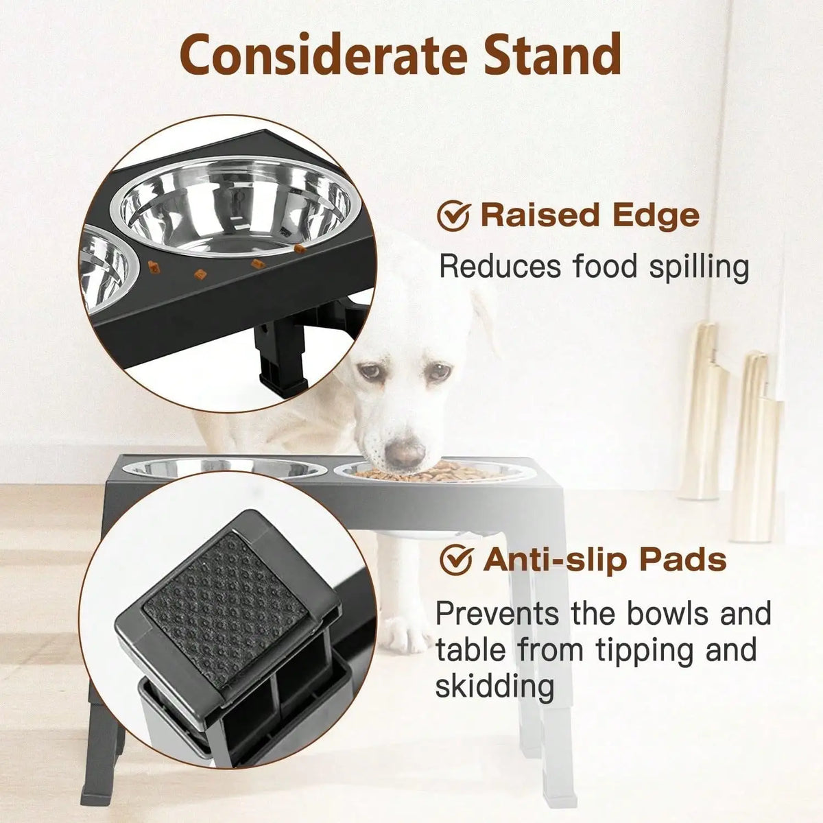 Adjustable Height Elevated Dog Bowl Stand With Stainless Steel Bowls