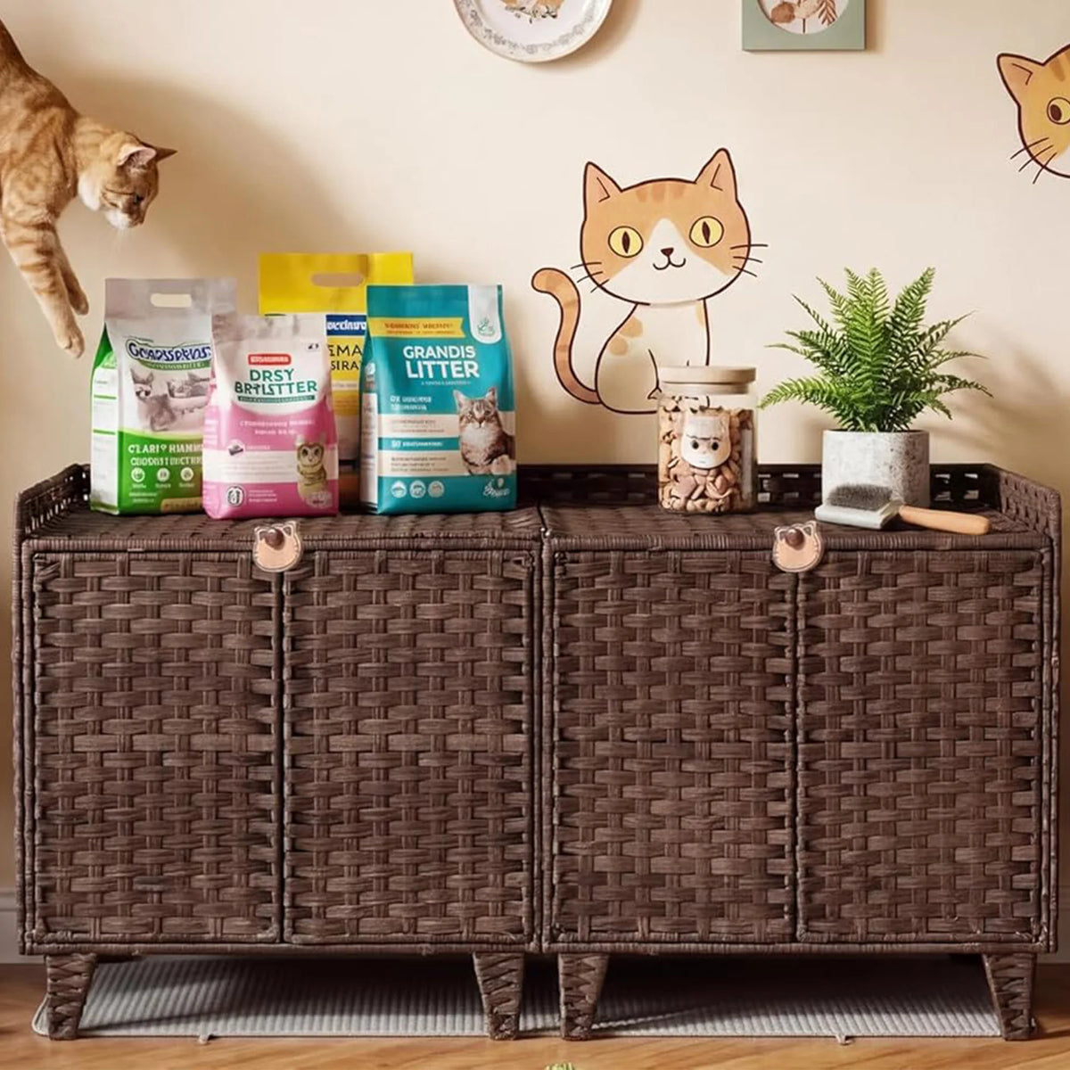 DishyKooker Rattan Hidden Litter Box Enclosure For Two Cats