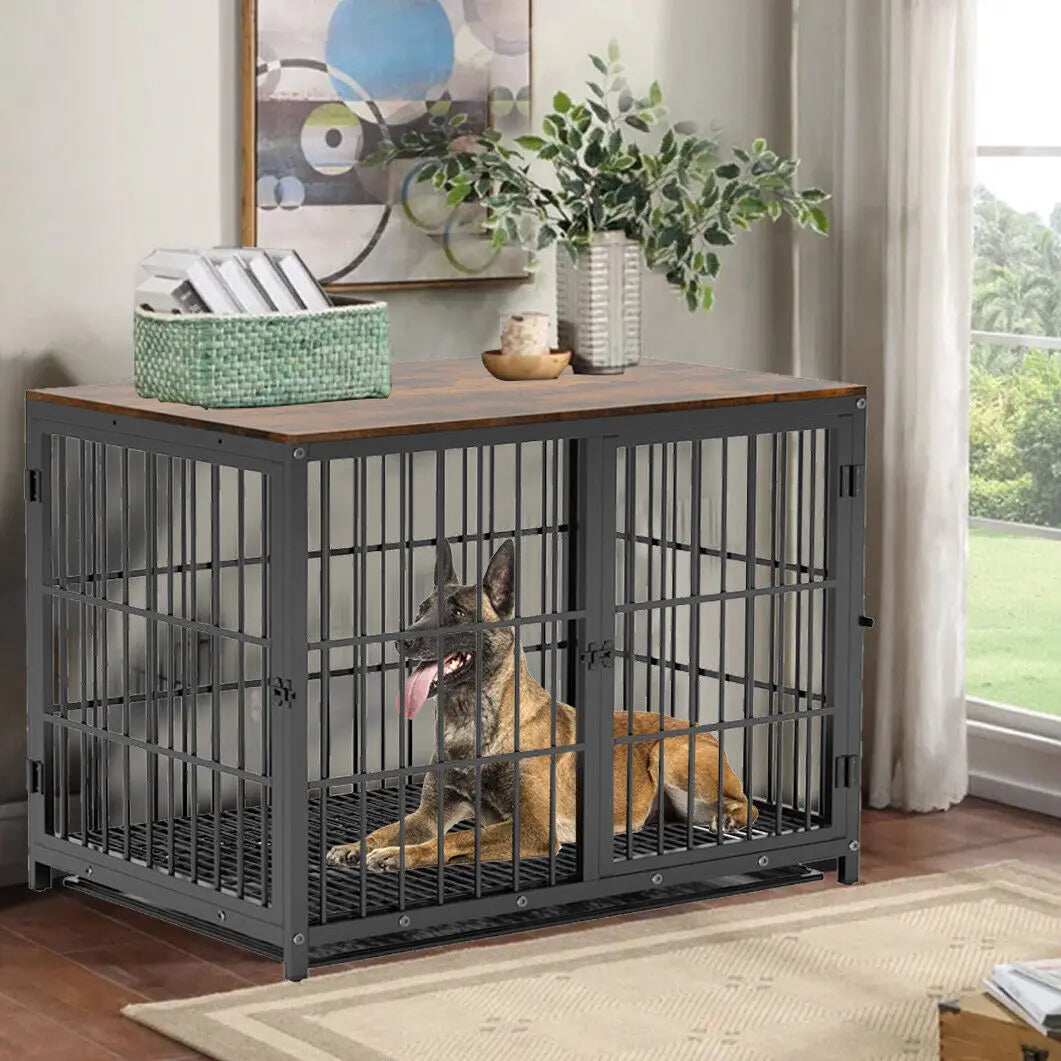 Metal And Wood Dog Crate End Table With Removable Tray