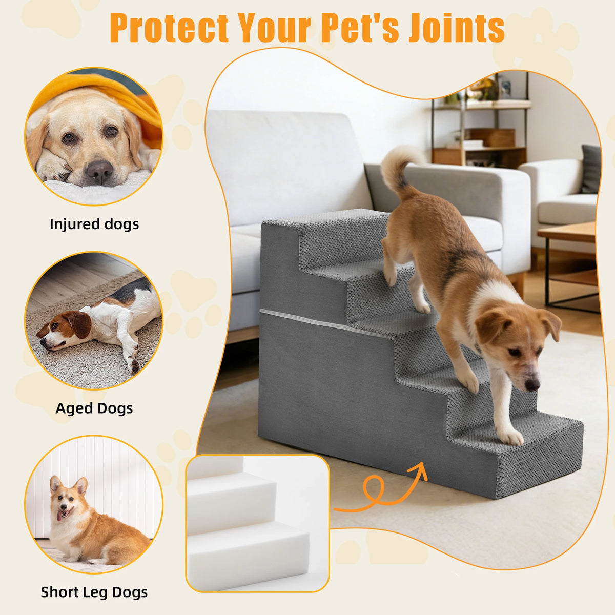 Indoor Foam Pet Stairs With Curved Step Design For Dogs