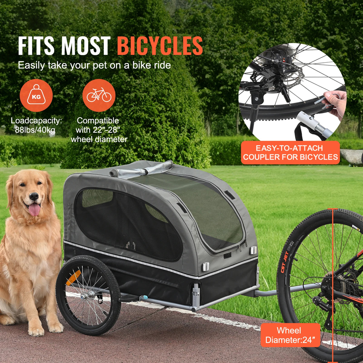 Collapsible Dog Bike Trailer With Coupler And Safety Reflectors