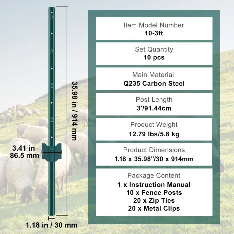Heavy Duty Metal T-Post Fence Posts, 3/4/5/6/7 Ft, 6 or 10 Pack Garden Fence Stakes for Yard Boundary, Farm Landscaping and Outdoor Support, Durable Green Fence Installation Posts Holiday Gift