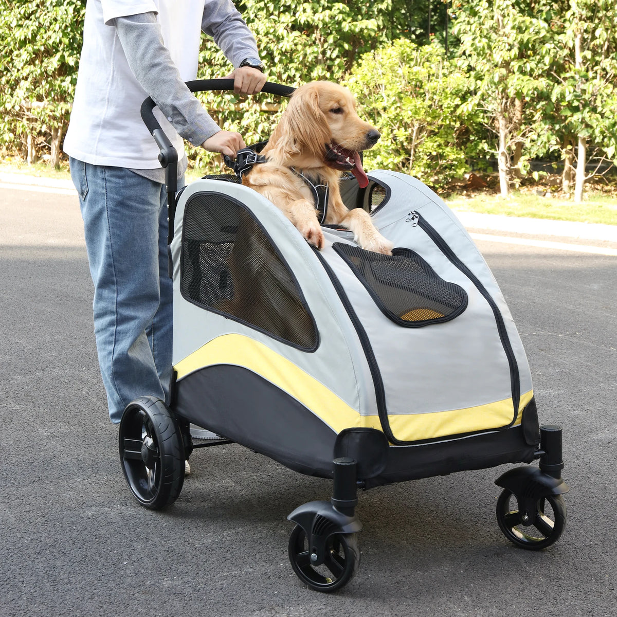 Portable Foldable Four Wheel Dog Stroller With Breathable Mesh Carrier