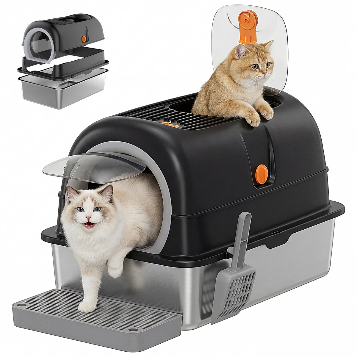Premium Stainless Steel Fully Enclosed Cat Litter Box With Scoop