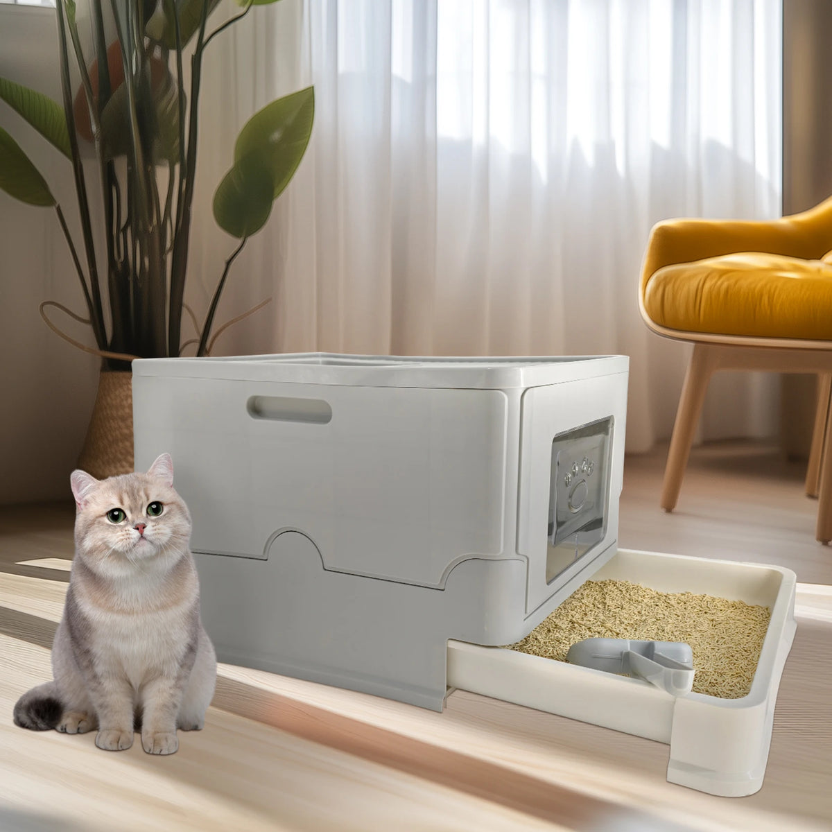 Covered Stainless Steel Cat Litter Box With Scoop Included