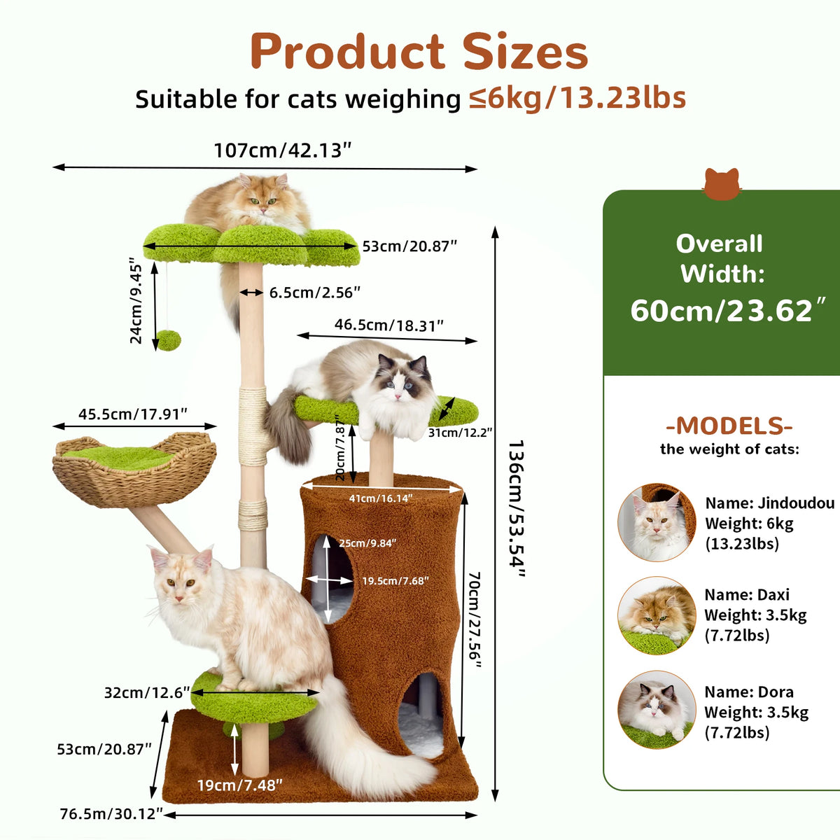 BORWART Wooden Cat Tree Tower With Scratching Post And Condo House