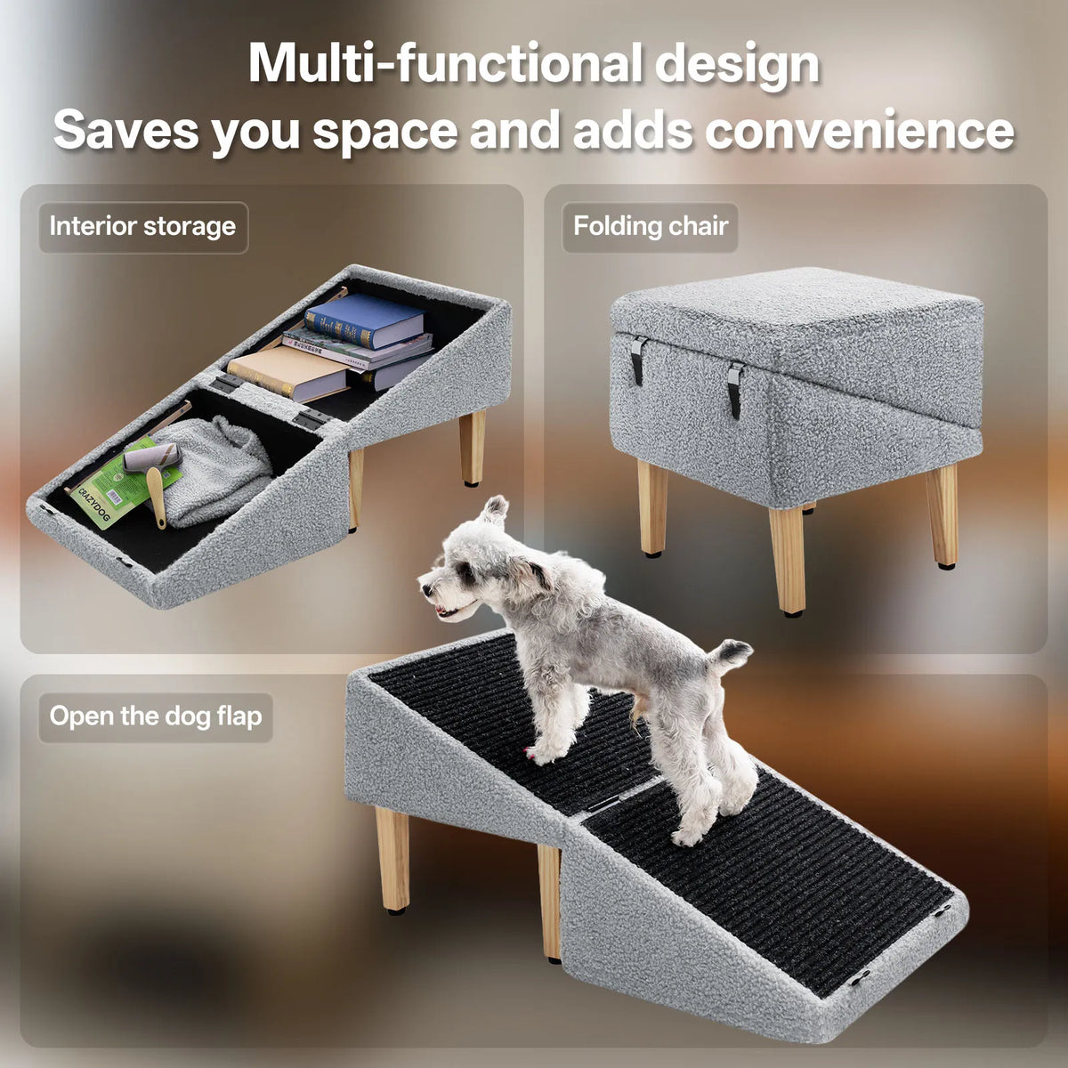 3 In 1 Wooden Pet Ramp With Hidden Storage Footstool