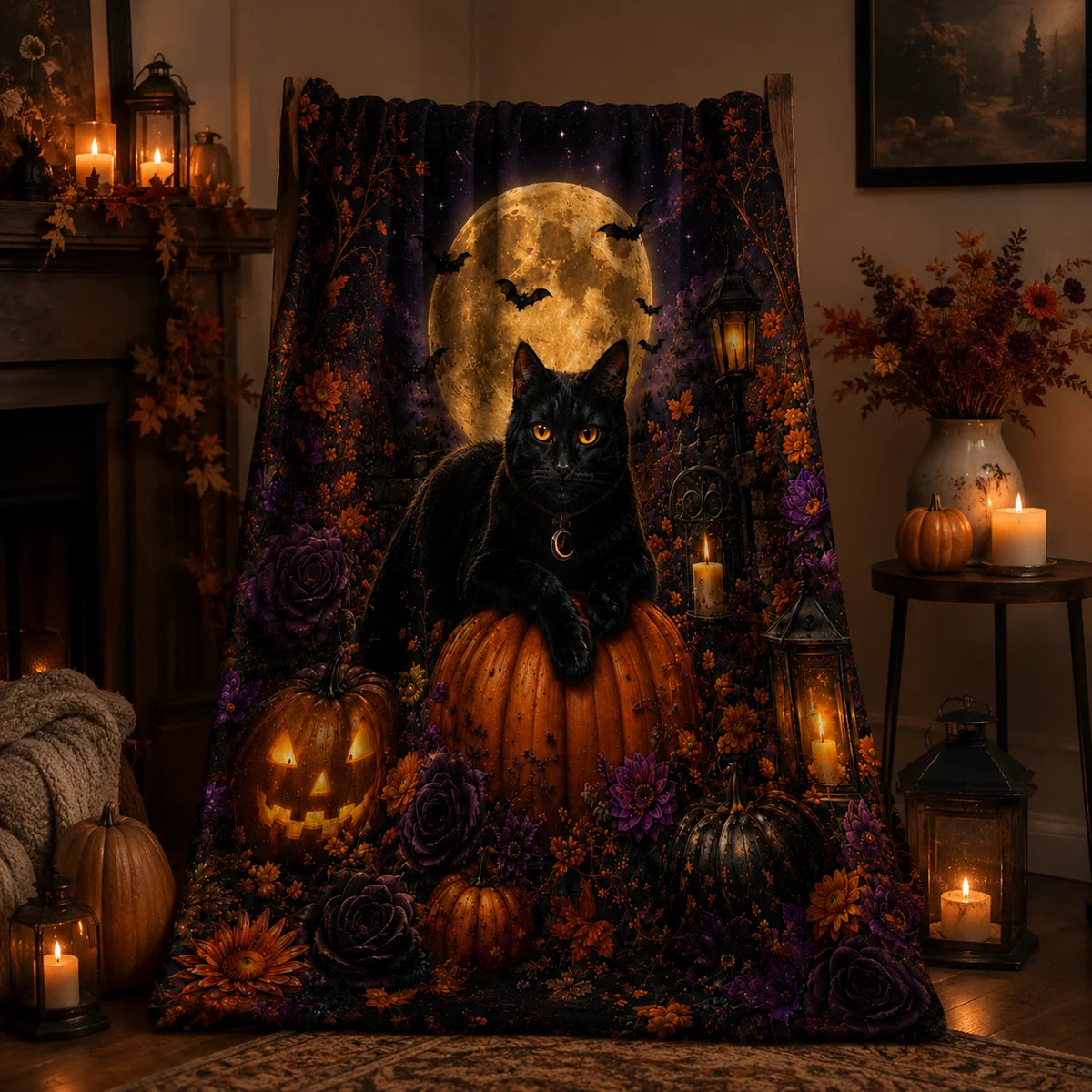 Cat Halloween Fleece Throw Blanket with Gothic Floral Pumpkins Print