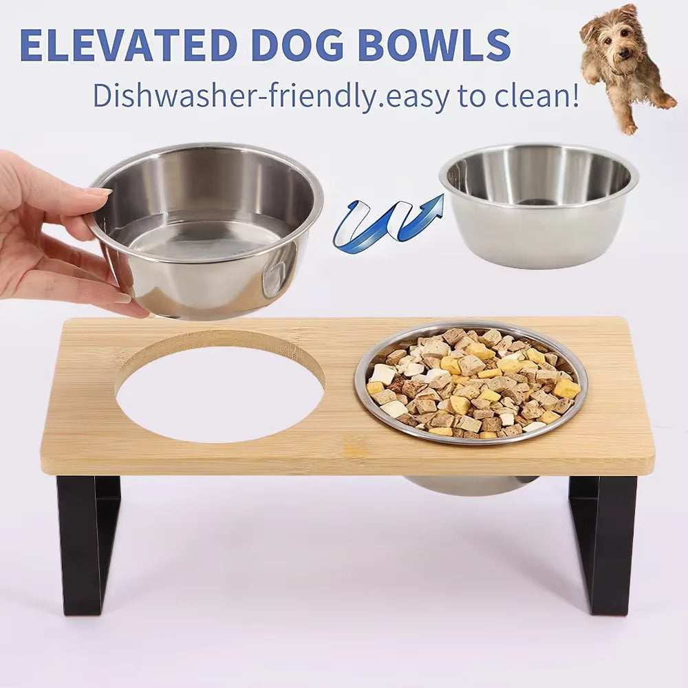Stainless Steel Elevated Cat Food Bowl With Wooden Stand