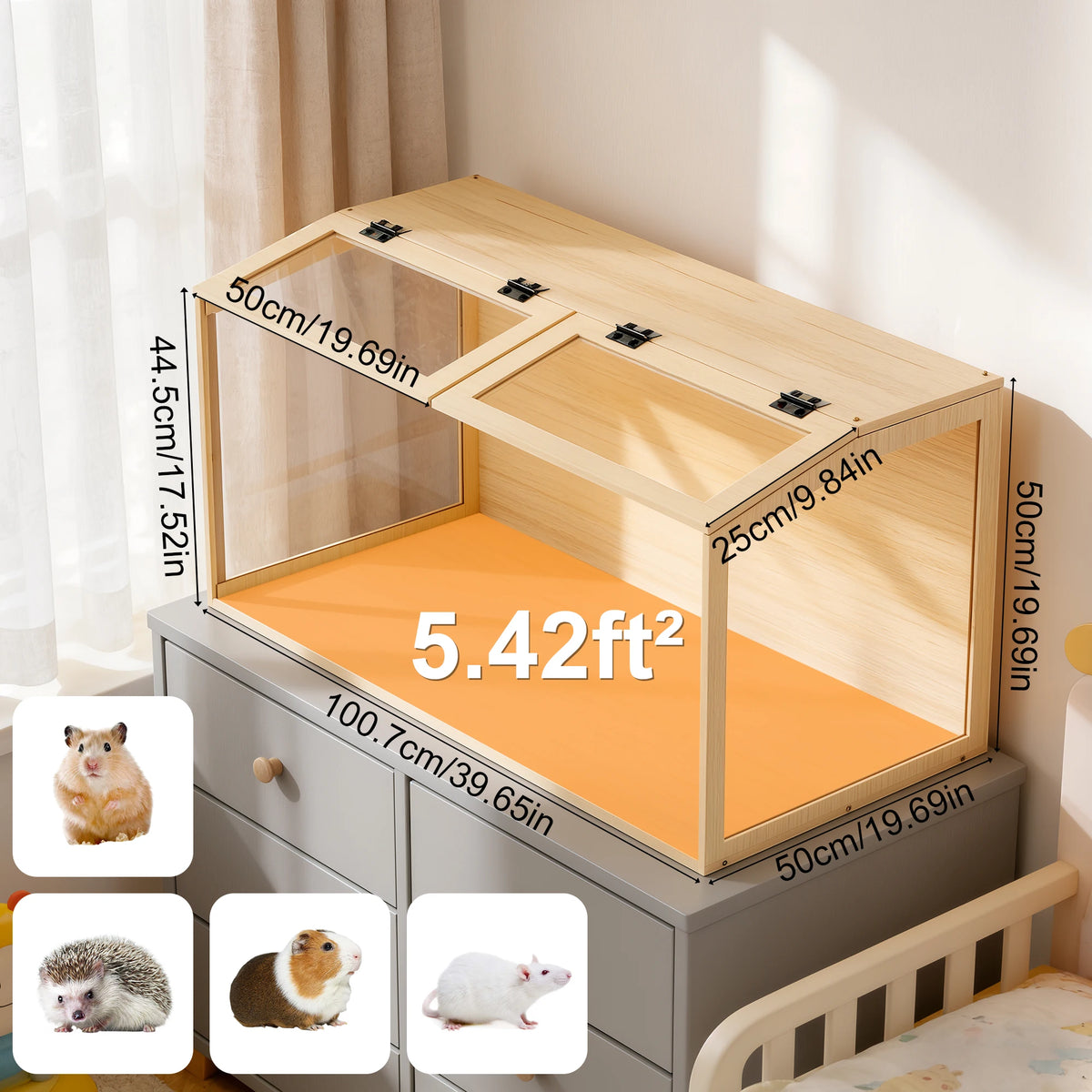 Bingopaw Wooden Hamster Cage With Tempered Glass And Led Light