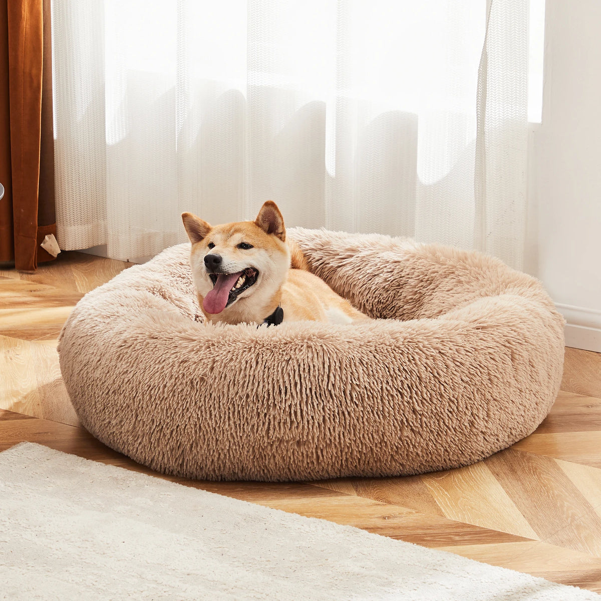 JHK Round Faux Fur Calming Dog Bed Promotes Relaxation