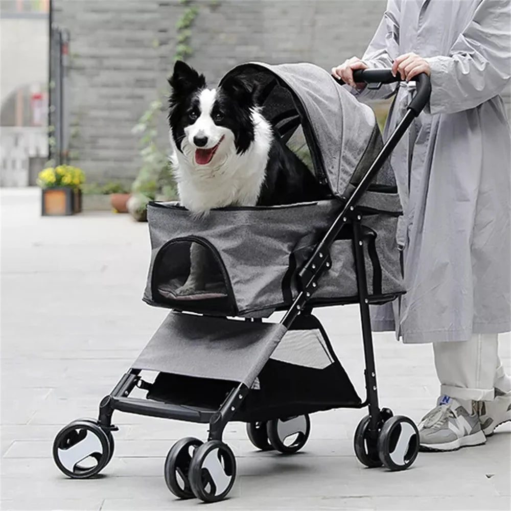 Foldable Four Wheel Pet Stroller With Rain Cover And Storage Basket