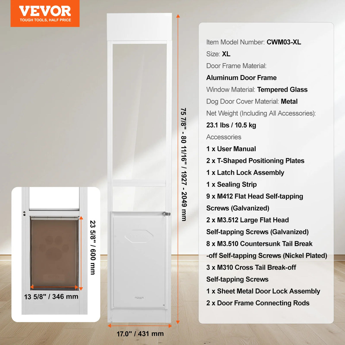 SucceBuy Aluminum Tempered Glass Sliding Adjustable Pet Door For Dogs