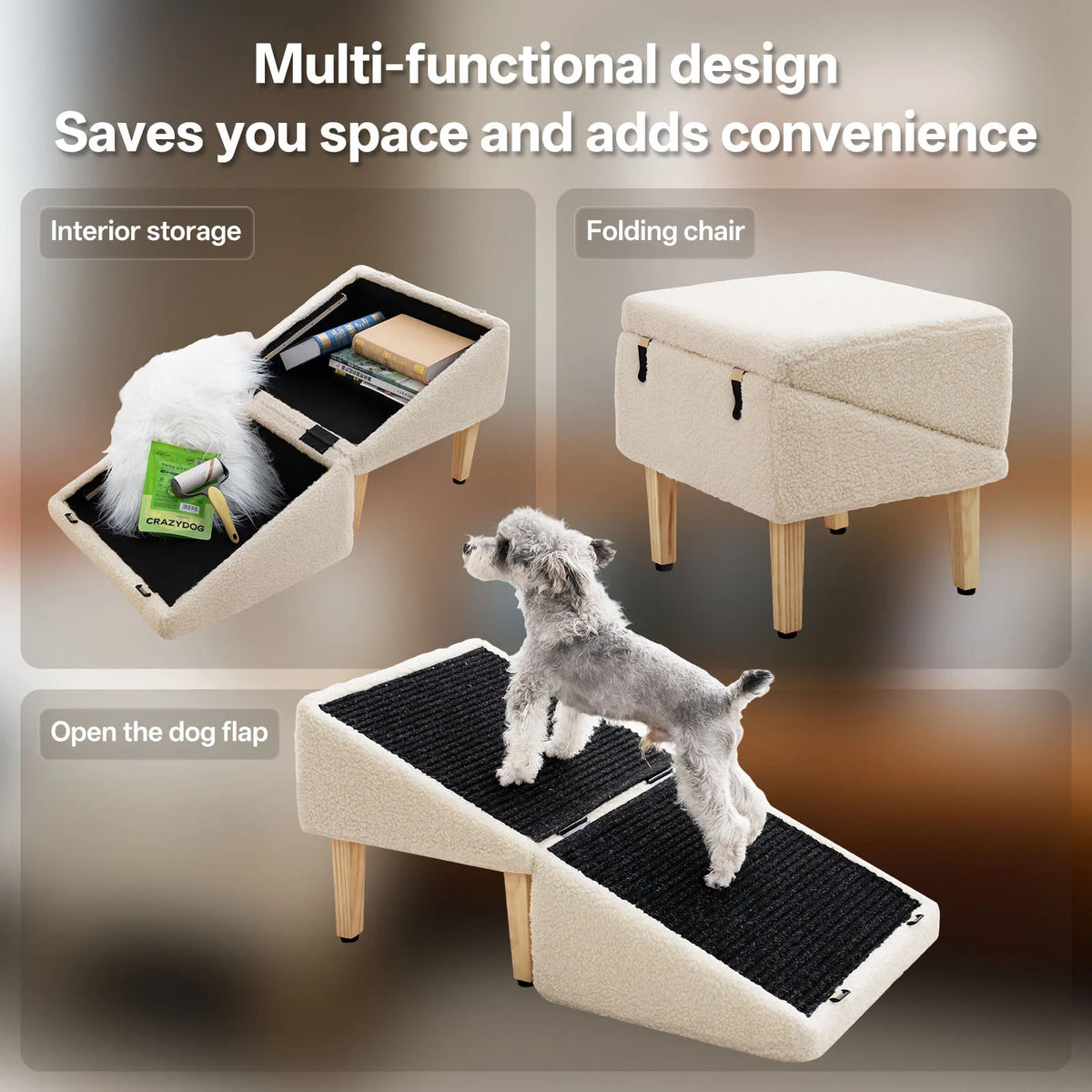 3 In 1 Wooden Pet Ramp With Hidden Storage Footstool