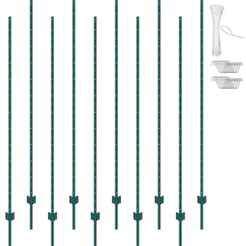 Heavy Duty Metal T-Post Fence Posts, 3/4/5/6/7 Ft, 6 or 10 Pack Garden Fence Stakes for Yard Boundary, Farm Landscaping and Outdoor Support, Durable Green Fence Installation Posts Holiday Gift
