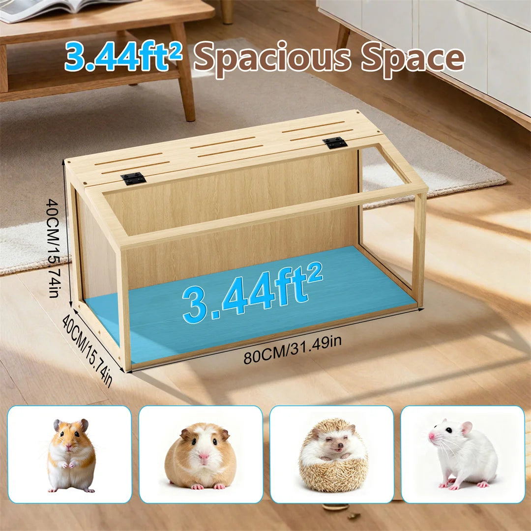 Chew Proof Wooden Hamster Cage With Tempered Glass Panels