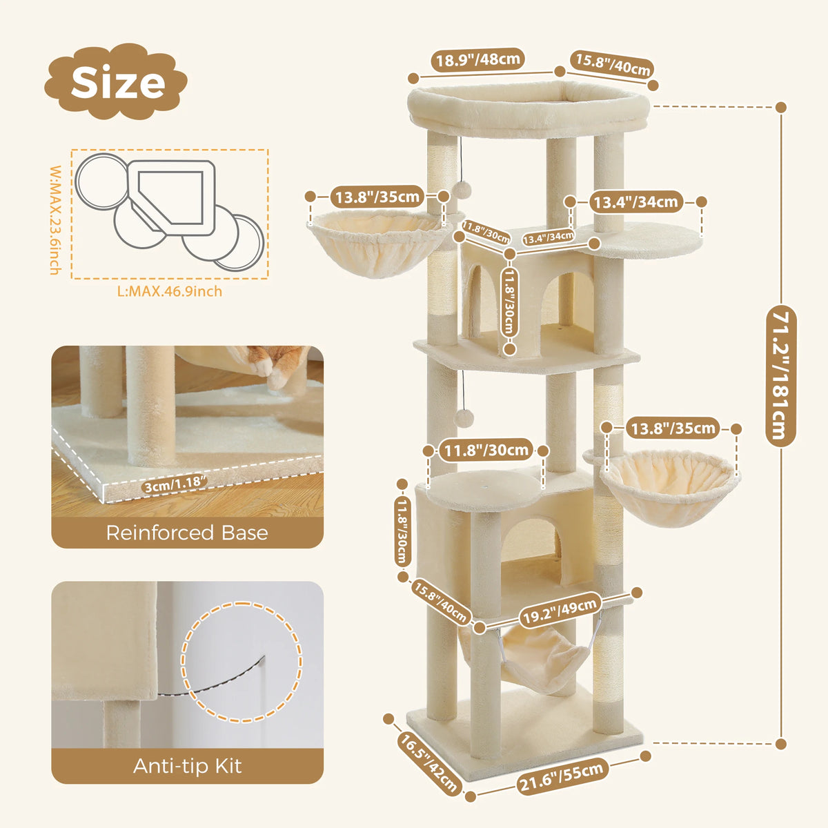 Tall Cat Tree with Scratching Posts Cozy Hammock Top Perch Multi-Level Large Cat Tower Spacious Cat Condo for Indoor Cat Toys