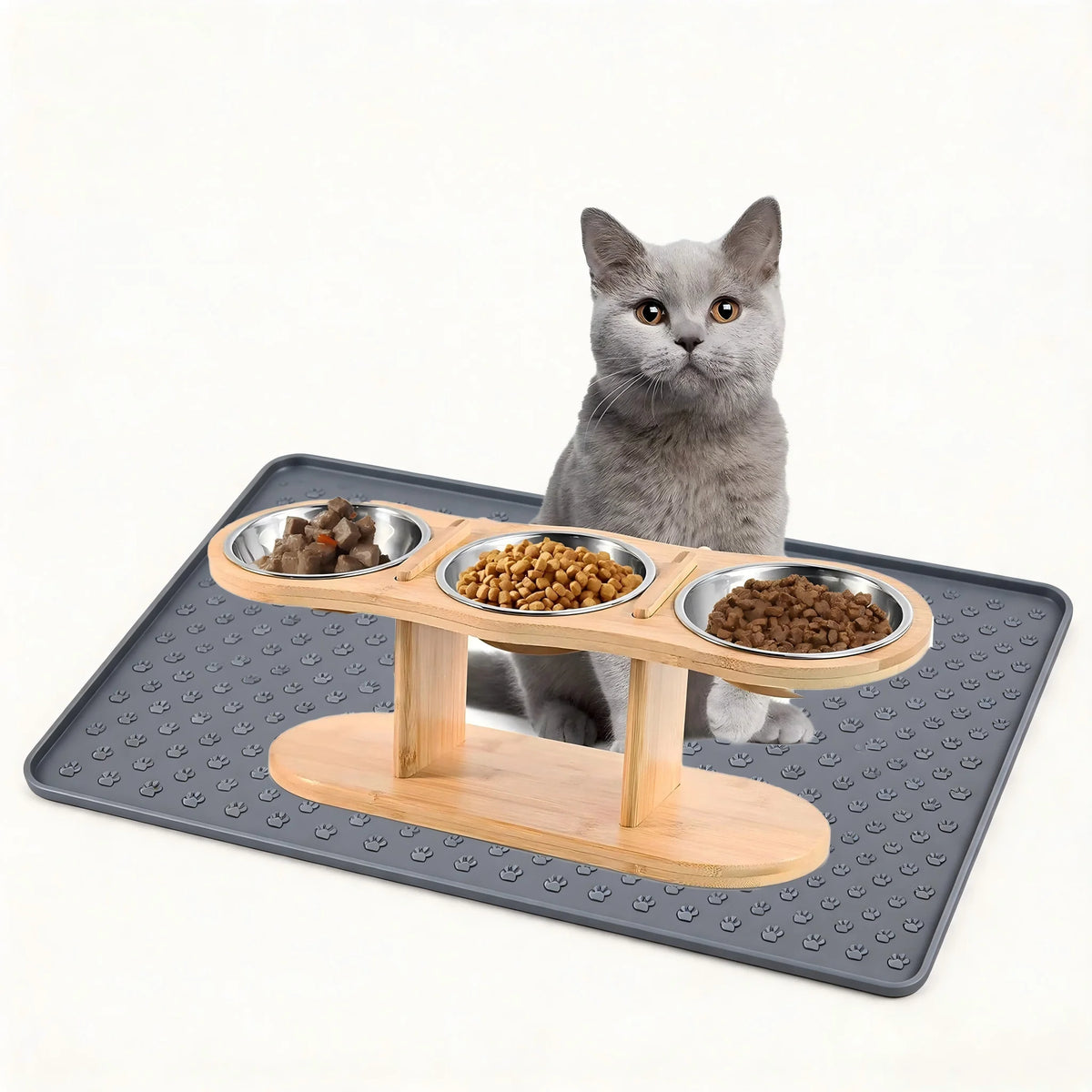 Elevated Cat Feeder With Three Stainless Bowls Tilted Wood Stand